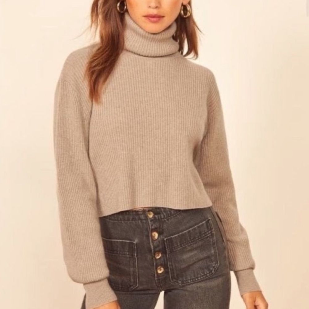 Reformation Luisa Cropped Ribbed Fisherman Cashmere Turtleneck Soft Sweater Tan